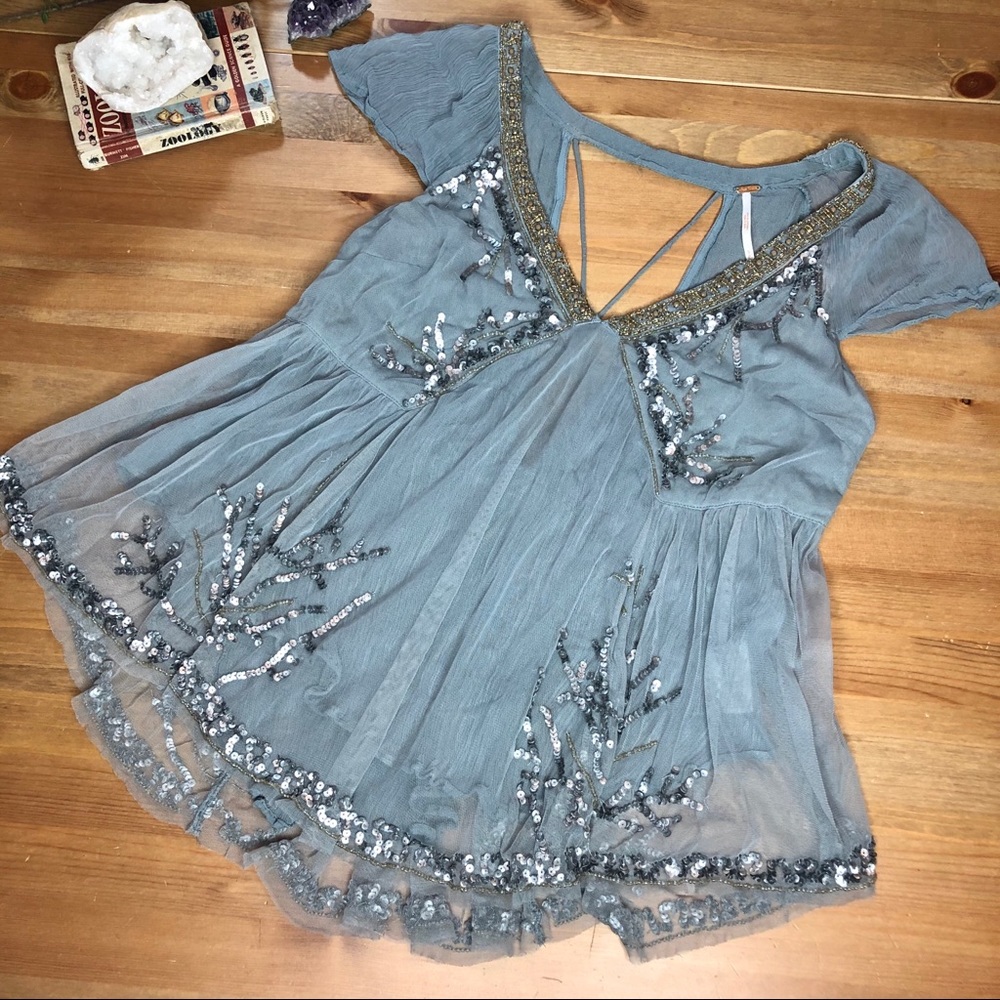 Free People Beaded Dusty Blue Blouse Small